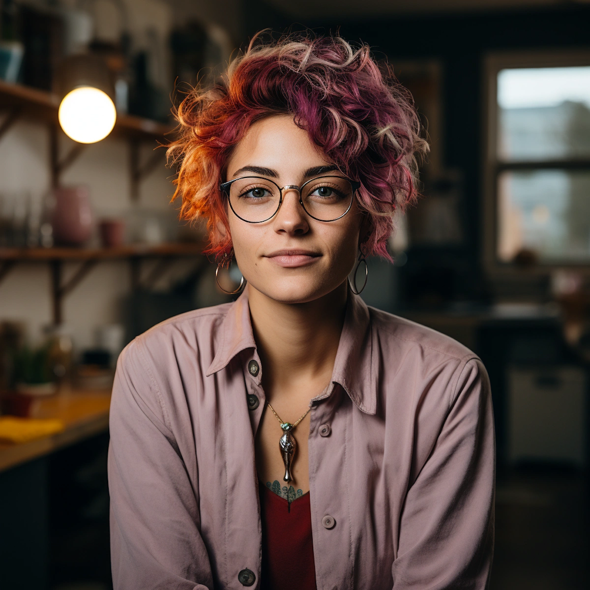 A young person with short, curly hair dyed in shades of pink, purple, and orange looks directly forward with a neutral expression.
