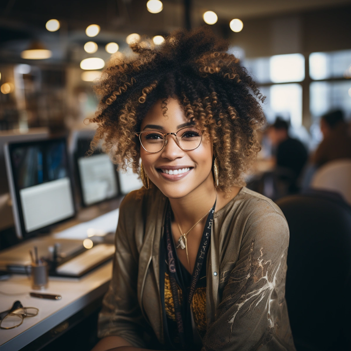 A smiling Black woman with voluminous, curly blonde-highlighted hair looks forward at a desk in an office environment.