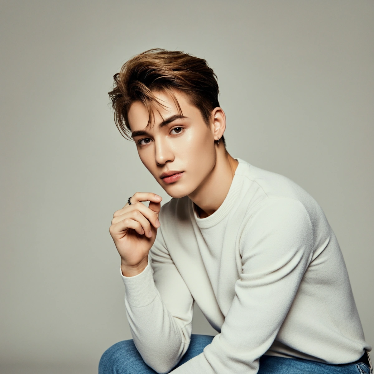portrait of a young man with a sharp jawline A studio portrait of a young man with styled, textured light brown hair with blonde highlights looking forward with a serious expression.