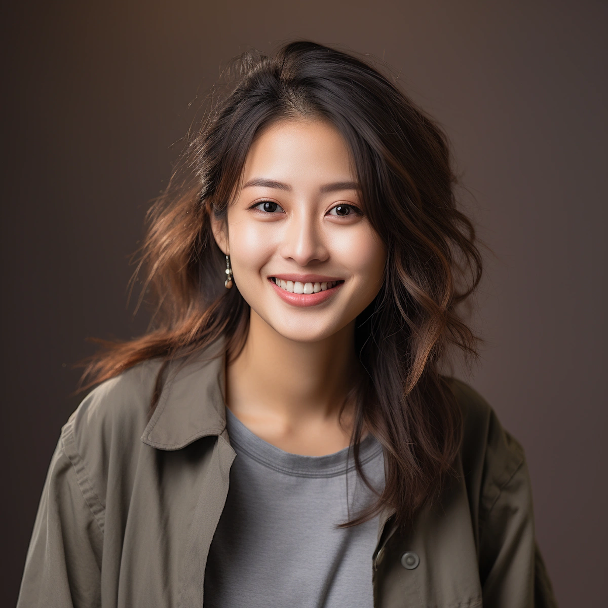 A smiling young East Asian woman with wavy brown hair looks directly at the camera against a solid, dark beige studio background.
