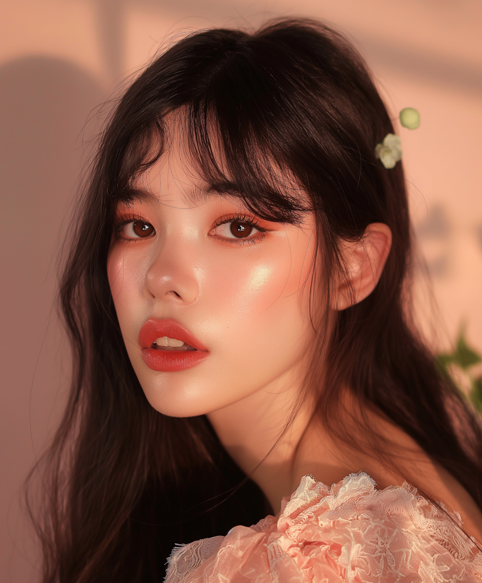 rise-Serene Portrait of a Young Woman Close-up portrait of a young East Asian woman with long, wavy dark brown hair and see-through bangs, looking slightly off-camera.