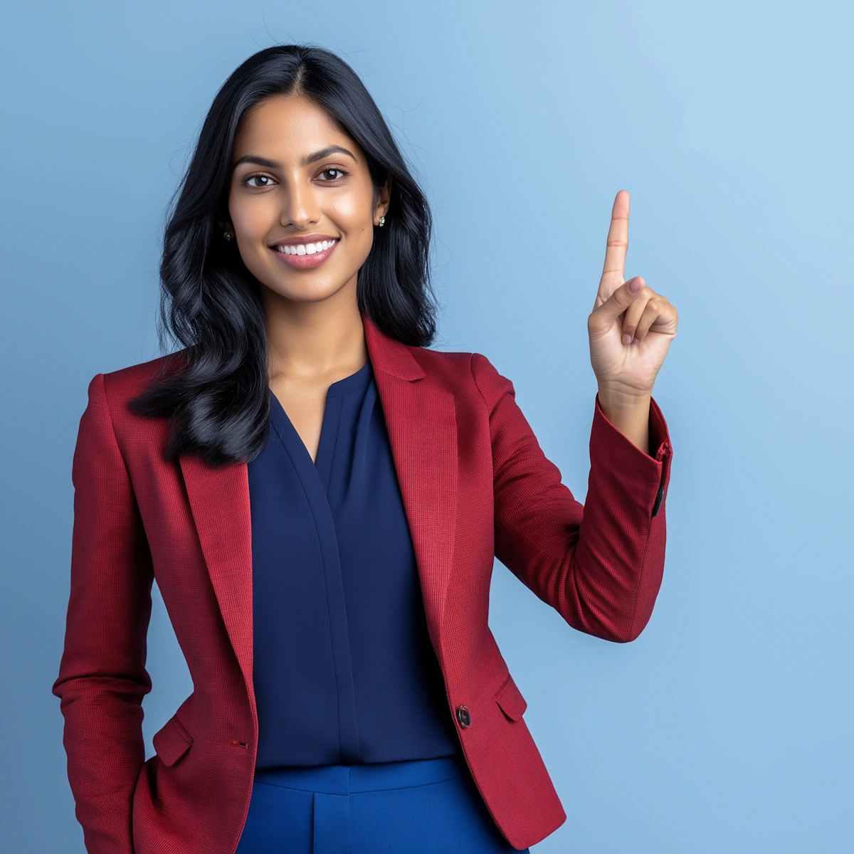 A smiling South Asian woman in professional attire stands against a solid light blue background, pointing upward with her right index finger.
