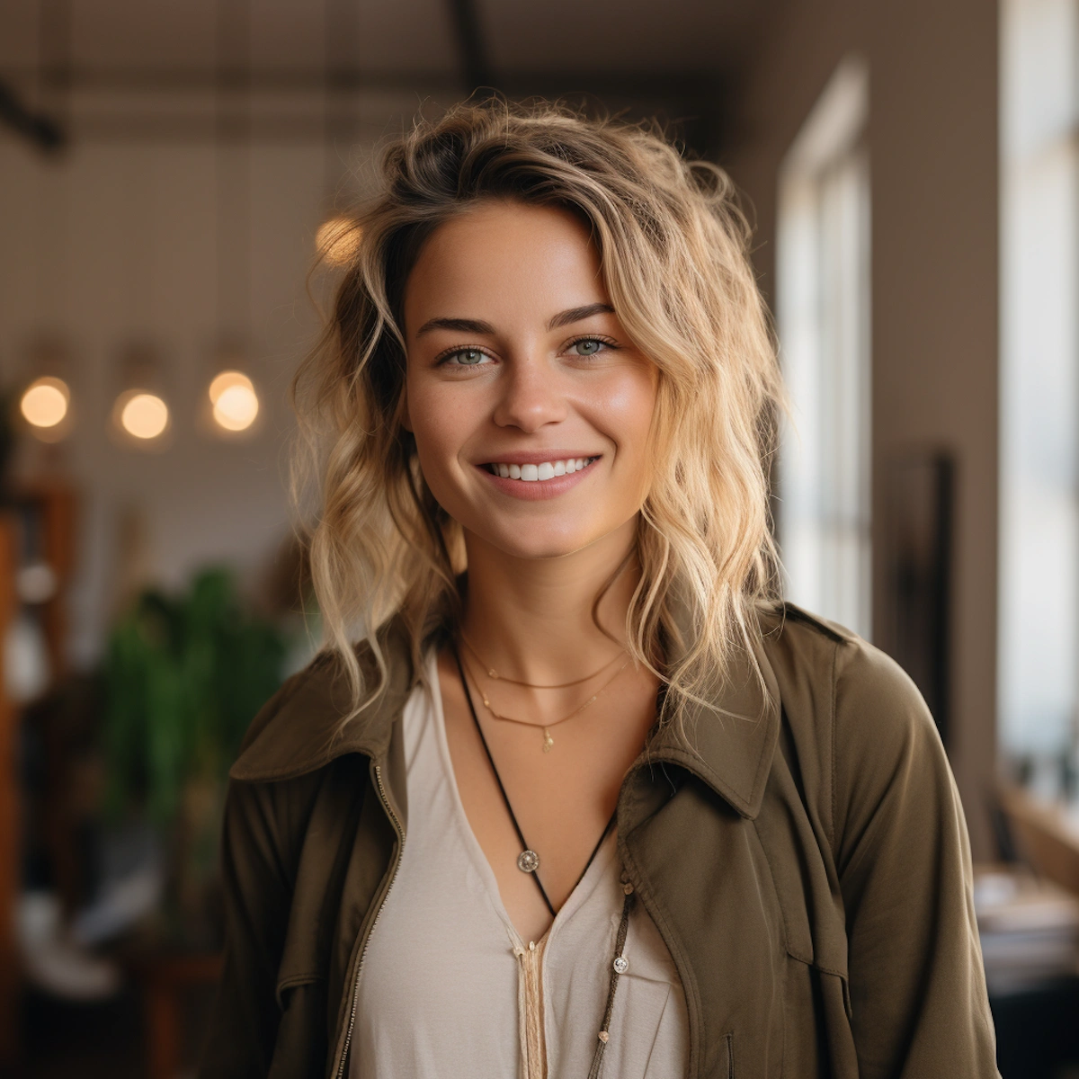 A smiling young blonde woman with wavy hair looks directly at the camera in a softly lit indoor setting.
