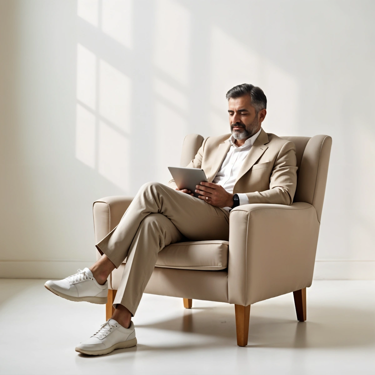 A middle-aged man with graying hair and a beard sits cross-legged in a beige armchair, looking down at a tablet in his hands.