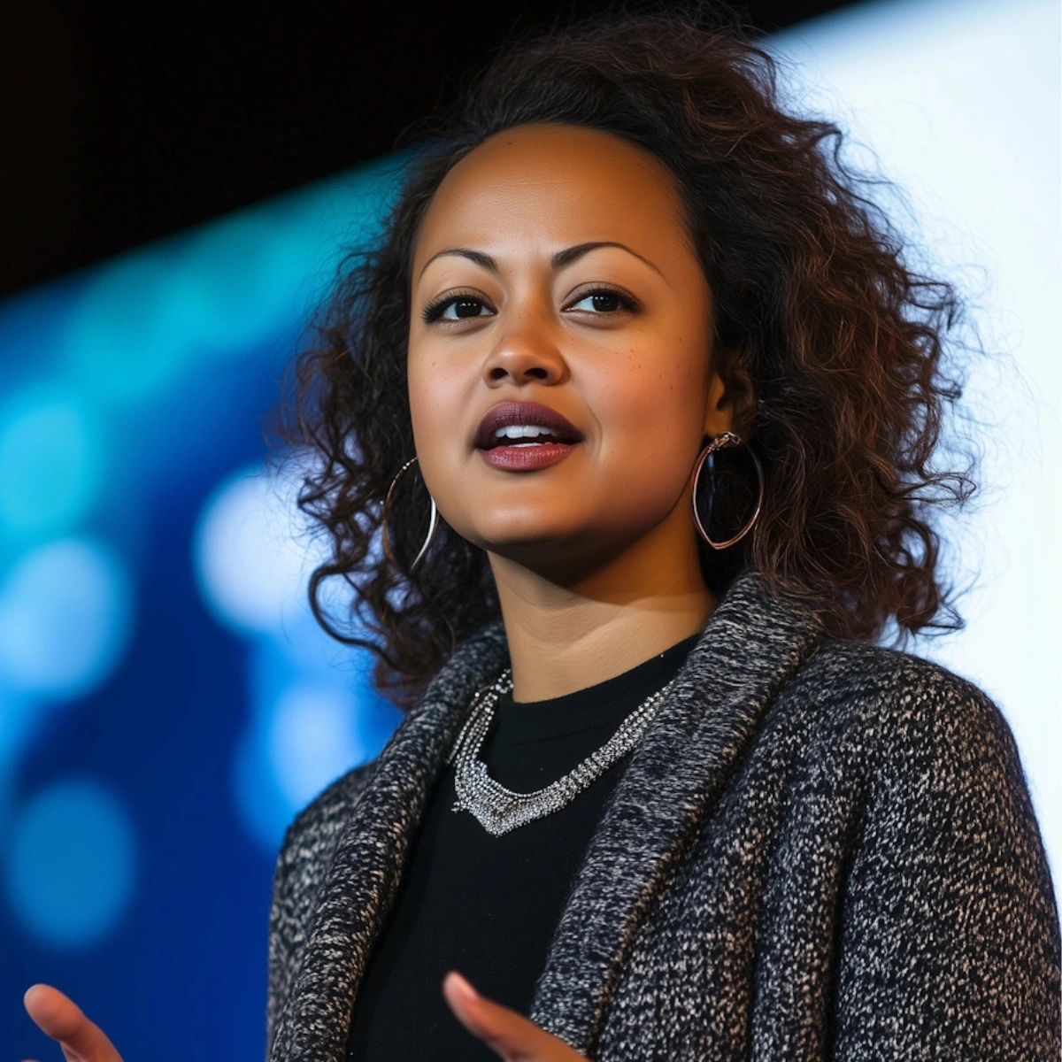A woman with curly brown hair speak on stage, gesturing with both hands.