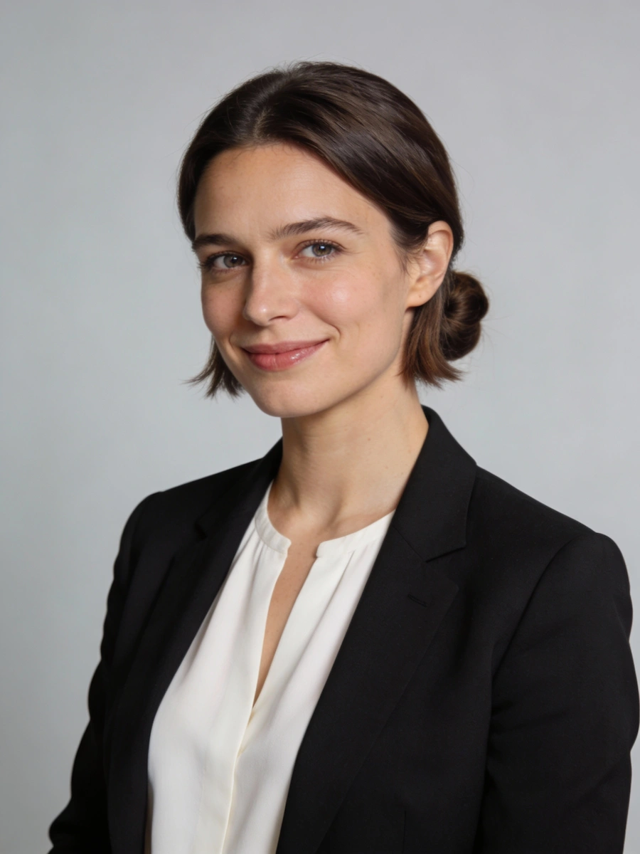 A professional portrait of a woman with brown hair styled in a low bun, smiling gently against a plain grey background. She is wearing a black blazer over a white v-neck blouse.