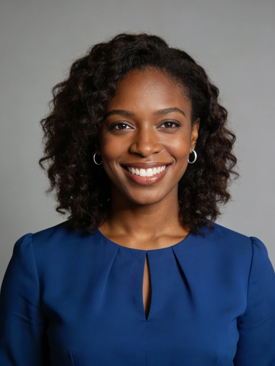 A professional headshot of a smiling Black woman with shoulder-length curly brown hair, wearing a royal blue top with a keyhole neckline and small silver hoop earrings against a plain grey background.