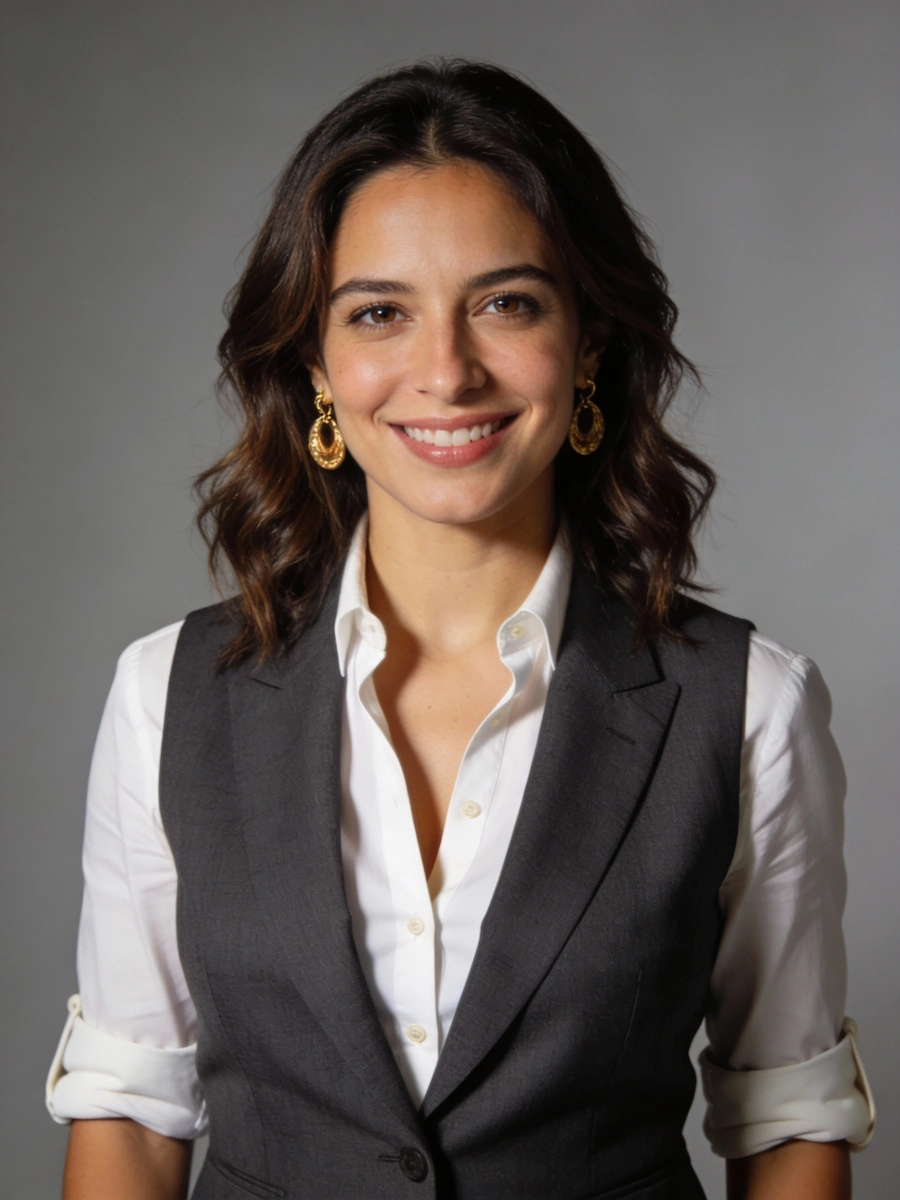 A professional headshot of a smiling woman with wavy, shoulder-length dark brown hair, wearing a white button-down shirt with rolled-up sleeves underneath a dark grey vest. She is adorned with prominent gold drop earrings, set against a plain grey background.