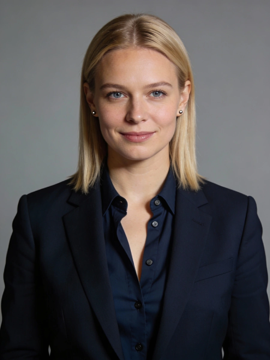 A professional headshot of a smiling woman with straight, shoulder-length blonde hair parted down the middle. She is wearing a navy blue button-down shirt underneath a matching navy blue blazer, complemented by small silver stud earrings, set against a plain grey background.
