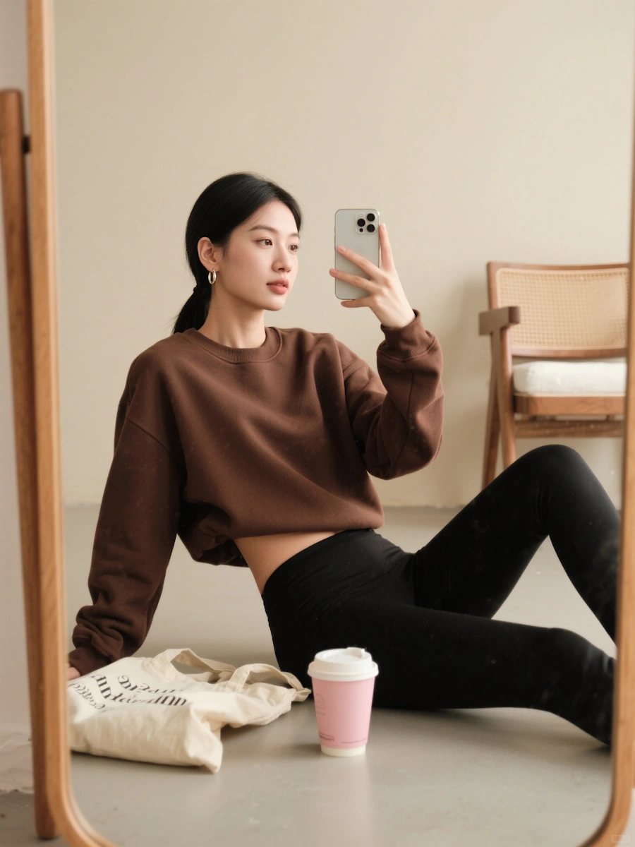 Relaxed Woman Indoors This cozy, minimalist outfit blends comfortable loungewear with sleek, functional streetwear pieces.