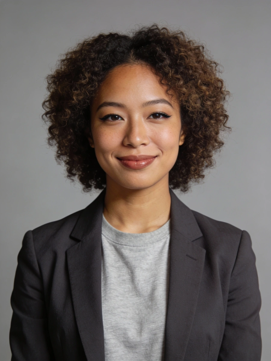 A professional headshot of a woman with a warm smile, featuring voluminous curly dark brown hair with lighter brown highlights. She is wearing a grey crew-neck shirt underneath a dark grey blazer, set against a plain grey background.