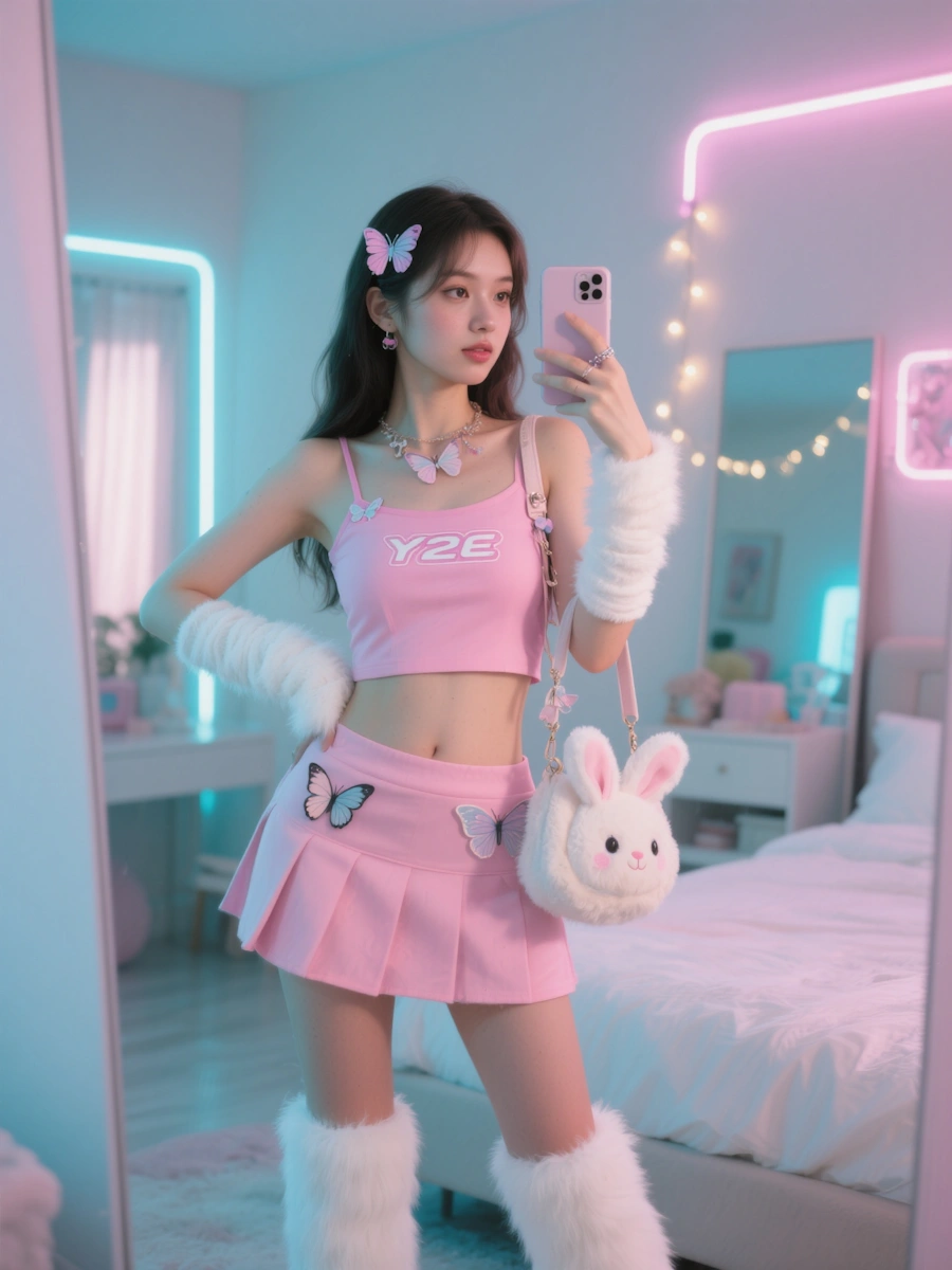 Stylish Selfie Scene (1) This ultra-cute look leans heavily into the playful, pink-dominated Y2K and Kawaii Core subcultures, accented by butterfly motifs and fluffy, tactile accessories.