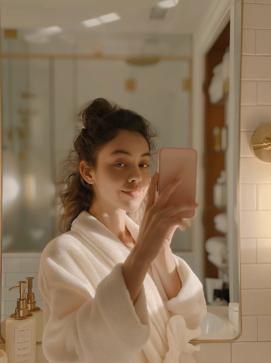 Young Woman Taking a Selfie in Warmly Lit Bathroom This setup leans into a luxurious, warm spa-inspired aesthetic, utilizing soft textures and elegant metallic bathroom accents.