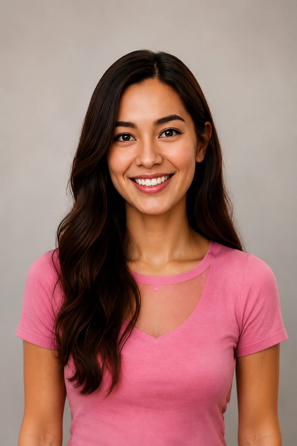 clipzy-person 1 A studio portrait features a young woman smiling brightly against a neutral background.