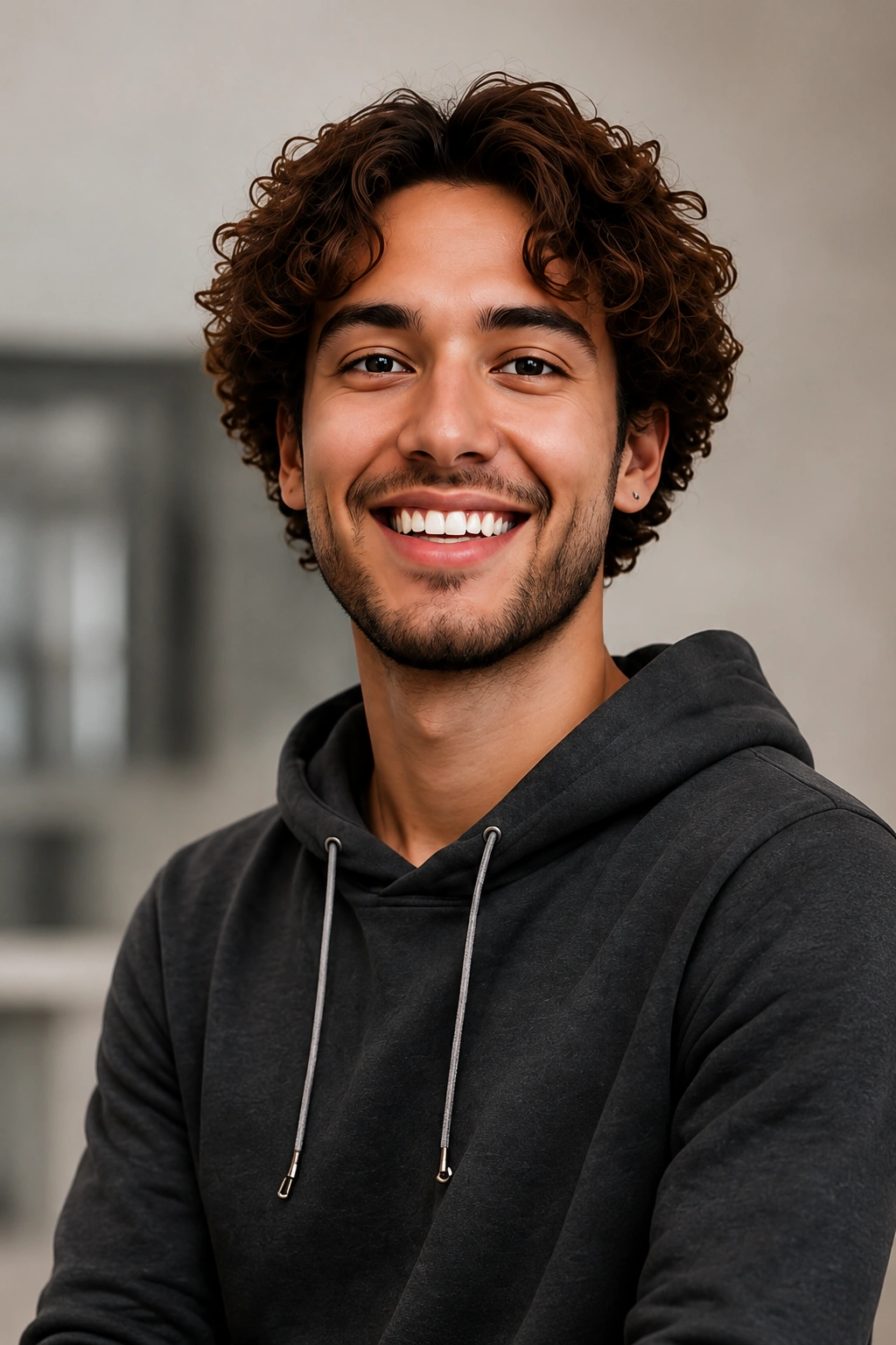 clipzy-person 3 A headshot portrait features a young man with a joyful expression in a softly lit indoor environment.
