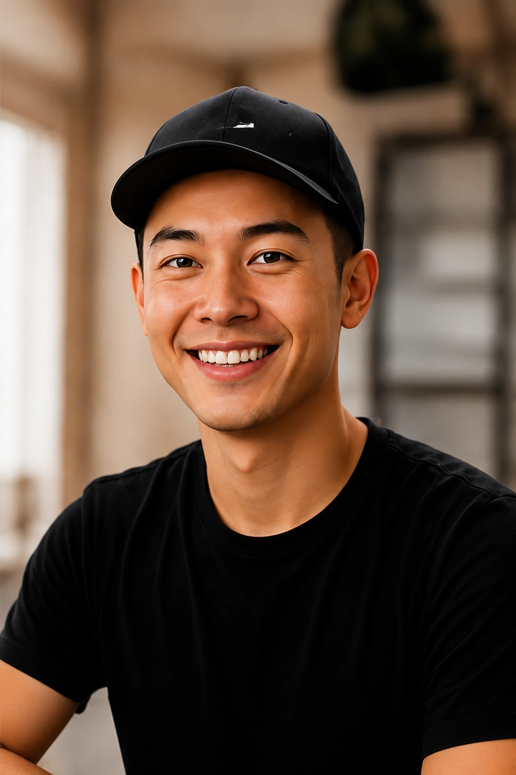 clipzy-person2 A close-up portrait shows a young man smiling warmly in a bright, modern indoor setting.