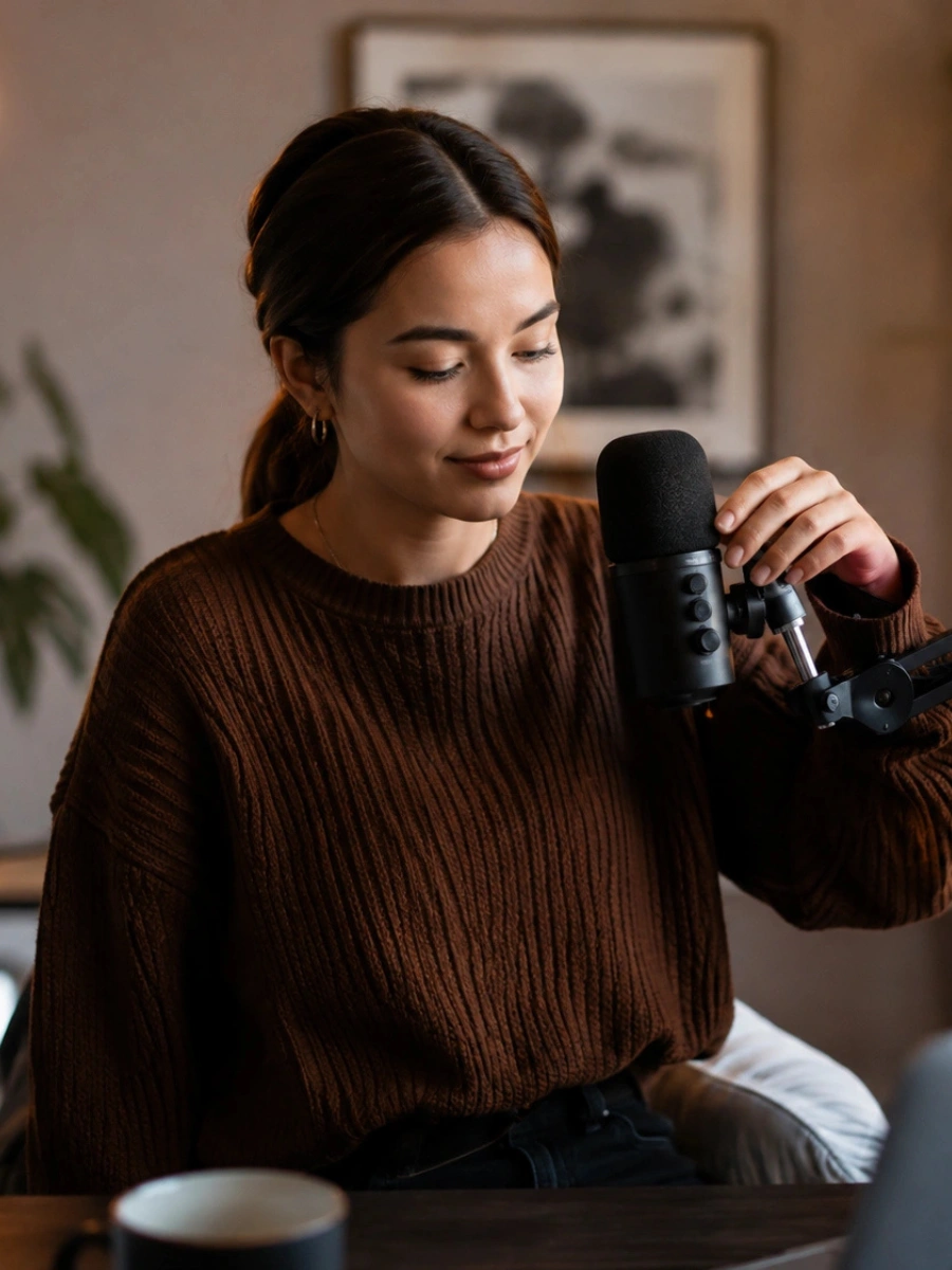 She is sitting at a table in a cozy, softly lit room, adjusting a matte black streaming microphone on a boom arm. In the foreground.