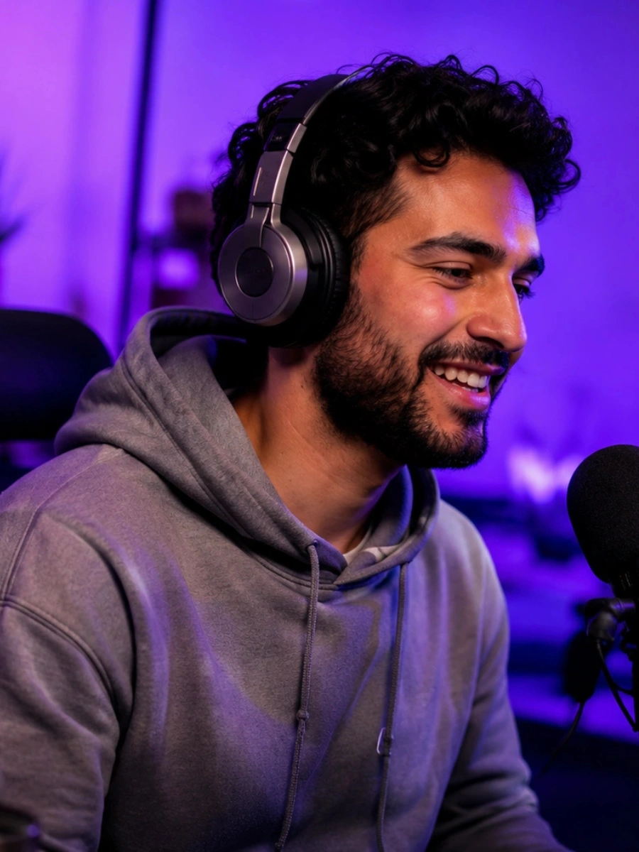 He is sitting in a room illuminated with vibrant purple and neon ambient lighting, looking towards a computer monitor.