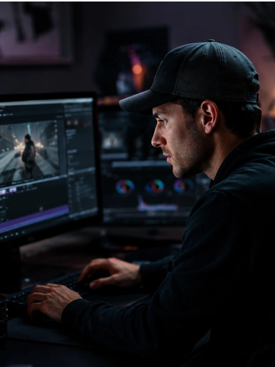 He is focused intently on a computer monitor, with his hands positioned on the keyboard.