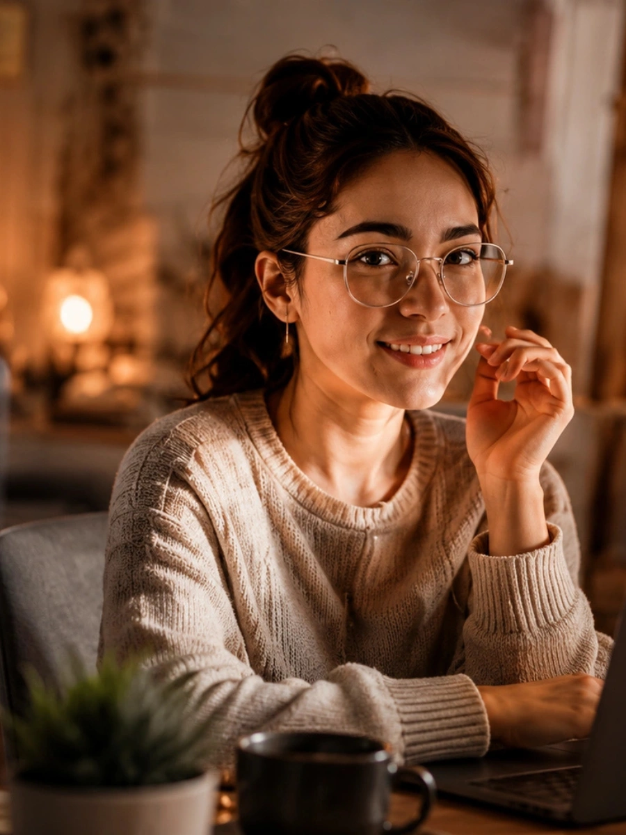 She is sitting at a wooden desk in a warm, inviting room filled with ambient fairy lights and plants.
